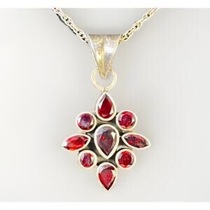 Vintage Sterling Silver 925 Red Garnet STARBURST MCM Pendant Necklace- Signed